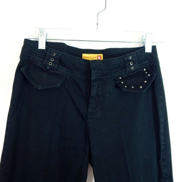 90s GASOLINE pants low rise bootcut cargo Y2K casual stretch black SMALL - Picture 3 of 9